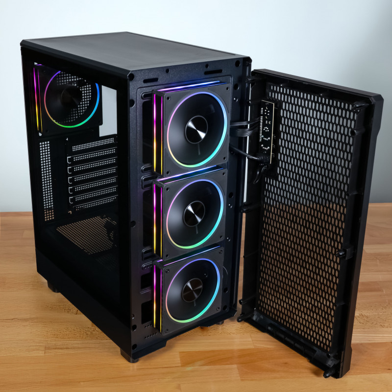 Kolink AM2 ARGB Midi-Tower PC-Gehäuse, ATX, Tempered Glass, inklusive 4x 120-mm-Lüfter, schwarz