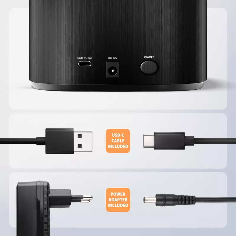 Axagon ADSA-SC Dockingstation für 2,5/3,5-Zoll-SATA-Laufwerke, USB-C 5 Gbit/s, mit Klonfunktion