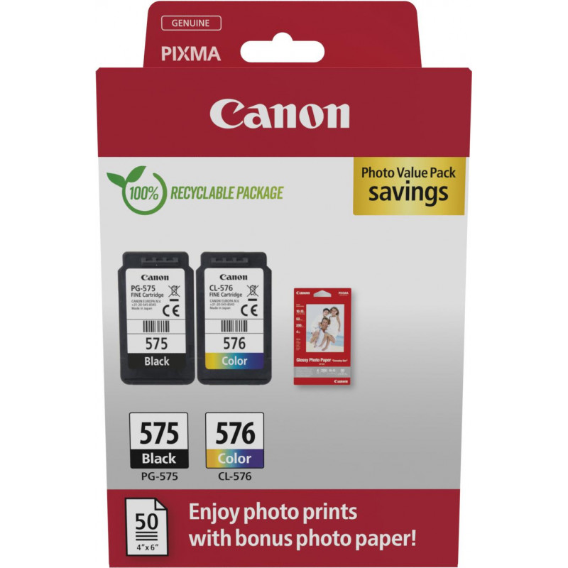 Canon PG-575/CL-576 Photo Value Pack, Tintenpatronen Schwarz + Farbe (2 Stück) mit Fotopapier