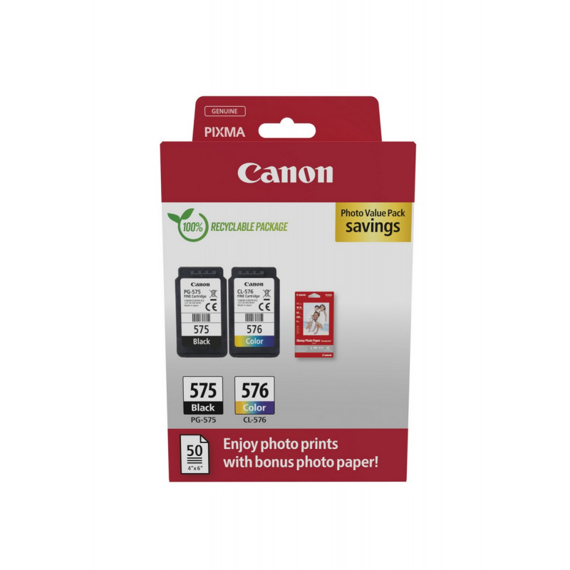 Canon PG-575/CL-576 Photo Value Pack, Tintenpatronen Schwarz + Farbe (2 Stück) mit Fotopapier
