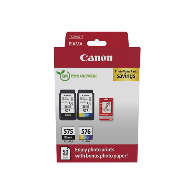 Canon PG-575/CL-576 Photo Value Pack, Tintenpatronen Schwarz + Farbe (2 Stück) mit Fotopapier