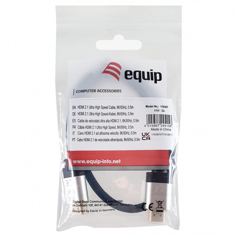 Equip 119387 HDMI-2.1-Ultra-High-Speed-Kabel mit Ethernet, 48 Gbit/s, 8K/60 Hz, schwarz, 0,5 m