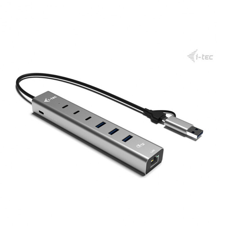 i-tec CAHUBMETAL6LANPD USB-C/USB-A Metall-Hub, 6 Ports, Gigabit-LAN, Power Delivery 85 W, silber