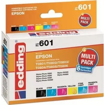 Edding EDD-601 Tintenpatronen für Epson Stylus Photo P50, kompatibel, Multipack Schwarz + Cyan + Magenta + Foto-Cyan + Foto-Magenta (6 Stück)