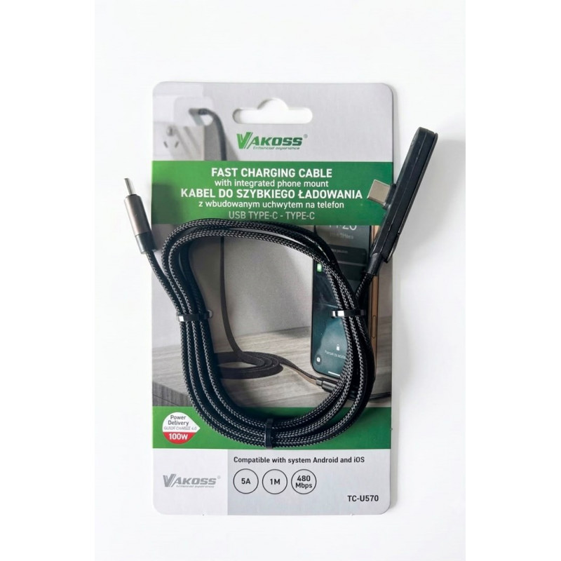 Vakoss TC-U570 USB-C-auf-USB-C-Kabel mit Ständerfunktion, 100 W, 1 m, schwarz