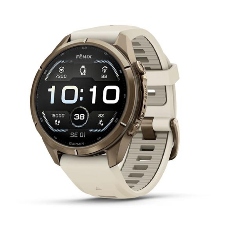 Garmin Fenix 9 Pro 010-04335-26 Smartwatch, 43 mm, Autumn Gold Titan, Armband aus cremefarbenem/französisch-grauem Silikon