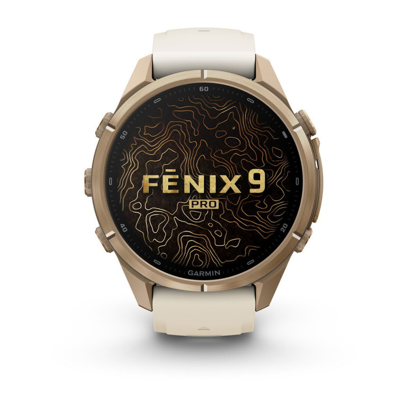 Garmin Fenix 9 Pro 010-04335-26 Smartwatch, 43 mm, Autumn Gold Titan, Armband aus cremefarbenem/französisch-grauem Silikon