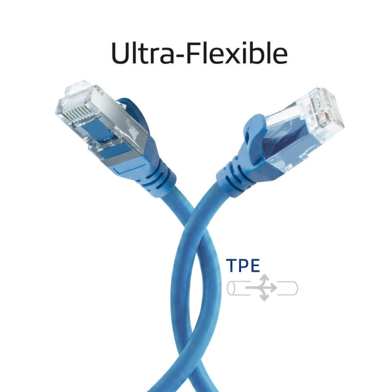 ACT FC1601 ultraflexibles CAT6A U/UTP Patchkabel mit RJ45-Steckern, 1 m, TPE, mit Rastnasenschutz, blau