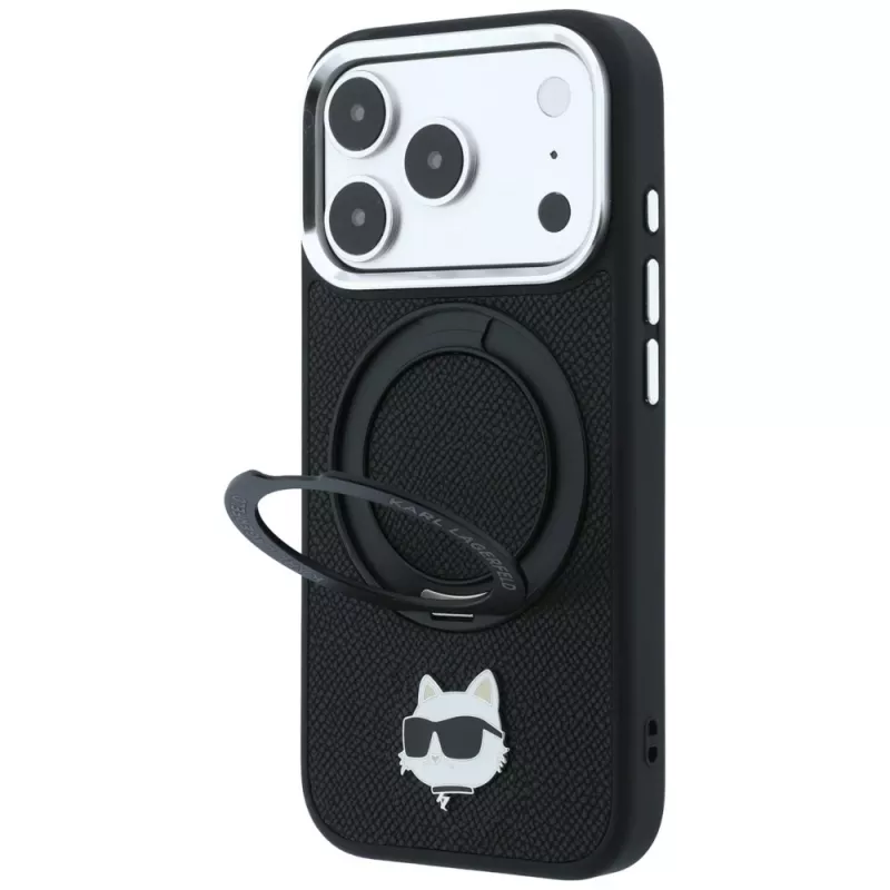 Karl Lagerfeld KF003216 Ring Stand 360 Choupette Head Pin MagSafe Hülle für iPhone 18 Pro Max / 17 Pro Max, schwarz