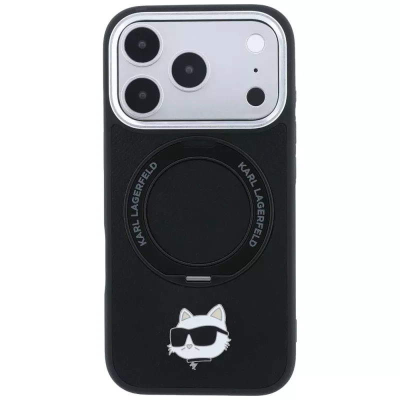 Karl Lagerfeld KF003216 Ring Stand 360 Choupette Head Pin MagSafe Hülle für iPhone 18 Pro Max / 17 Pro Max, schwarz
