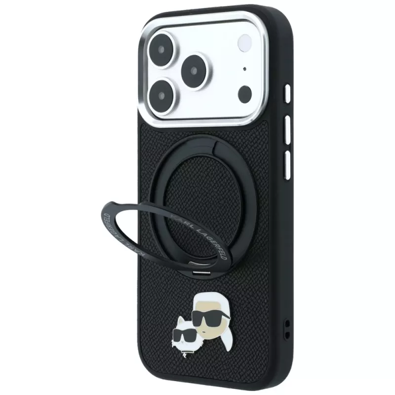 Karl Lagerfeld Ring Stand 360 Karl & Choupette Heads Pin Hülle mit MagSafe für iPhone 18 Pro / 17 Pro, schwarz