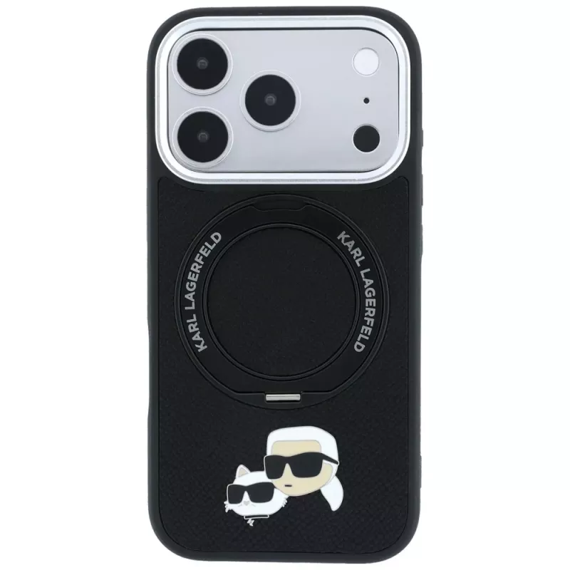 Karl Lagerfeld Ring Stand 360 Karl & Choupette Heads Pin Hülle mit MagSafe für iPhone 18 Pro / 17 Pro, schwarz