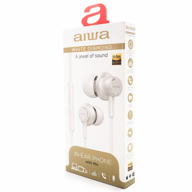 Aiwa ESTM-500W kabelgebundene In-Ear-Kopfhörer mit Mikrofon, 3,5-mm-Klinke, weiß