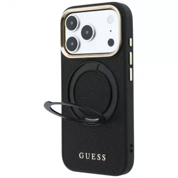 Guess GUE005670 Hülle für iPhone 18 Pro Max / 17 Pro Max, Ring Stand 360 Grained Classic Logo, MagSafe, schwarz