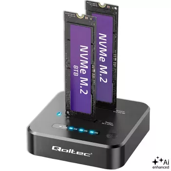 Qoltec 52633 M.2 NVMe SSD Dockingstation, PCIe, 2 x 8TB, USB-C 3.2, 10 Gb/s, Offline-Klonen