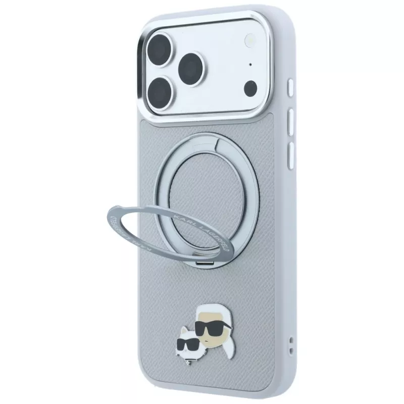 Karl Lagerfeld KF003229 Hülle mit 360-Ringständer Karl & Choupette Heads Pin MagSafe für iPhone 18 Pro / 17 Pro, grau