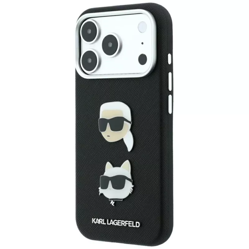 Karl Lagerfeld KF003249 Saffiano with Karl & Choupette Heads Pins & Logo Hülle für iPhone 18 Pro / 17 Pro, schwarz
