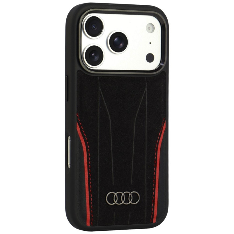 Audi R8 Genuine Leather MagSafe Hülle aus echtem Leder für iPhone 18 Pro / 17 Pro, schwarz-rot (AUDI000239)