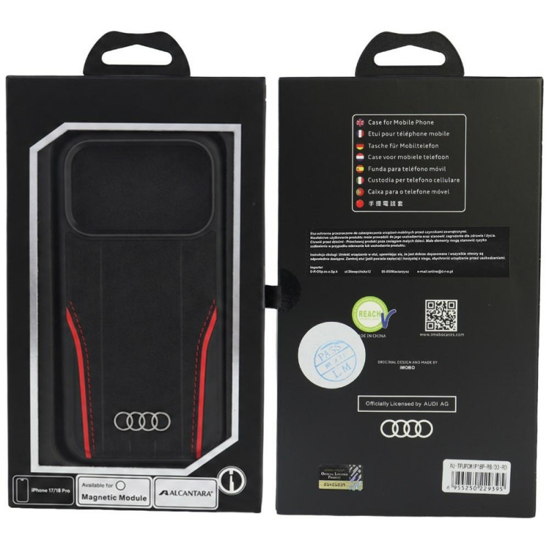 Audi R8 Genuine Leather MagSafe Hülle aus echtem Leder für iPhone 18 Pro / 17 Pro, schwarz-rot (AUDI000239)