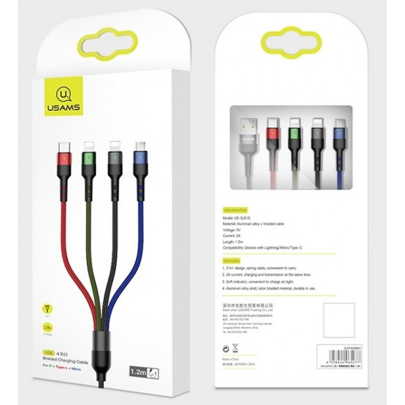 USAMS U26 SJ413USB01 (US-SJ413) 4-in-1-Nylonkabel, geflochten, 3 m, 2 A (2x Lightning/microUSB/USB-C)