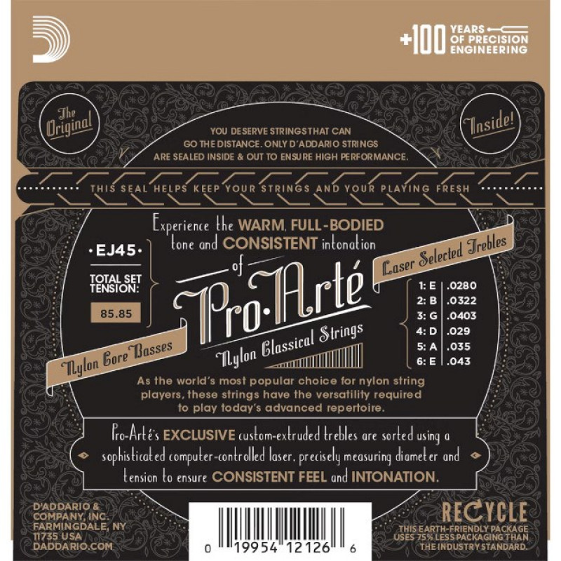 Daddario D'Addario EJ45 Pro-Arté Nylon-Saiten für Konzertgitarre, normale Spannung, 28-43