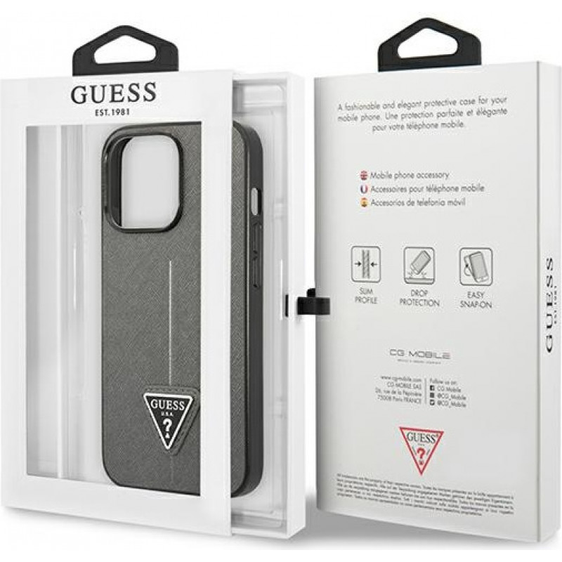 Guess GUHCP13LPSATLG Hardcase-Hülle für Apple iPhone 13 Pro, Saffiano Triangle Logo, silber