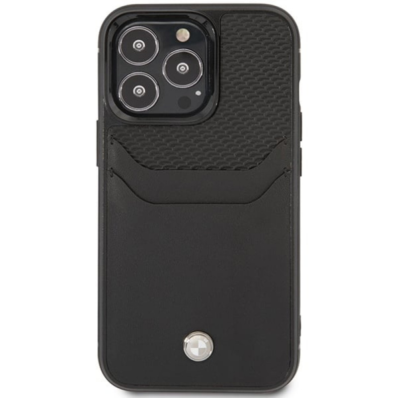 BMW BMHCP14L22RSEPK Hülle für iPhone 14 Pro, schwarz, Leather Card Slot