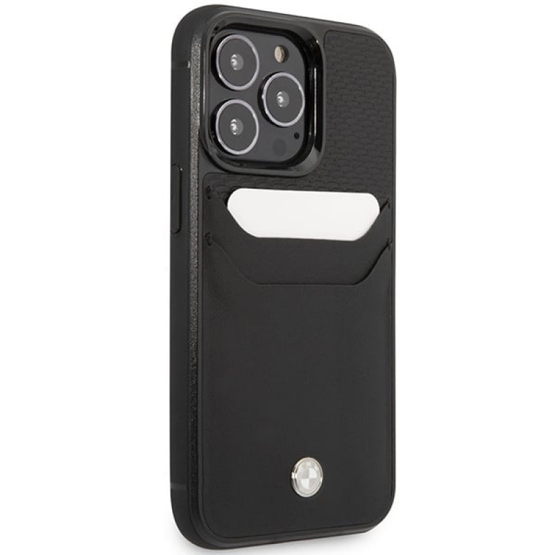 BMW BMHCP14L22RSEPK Hülle für iPhone 14 Pro, schwarz, Leather Card Slot
