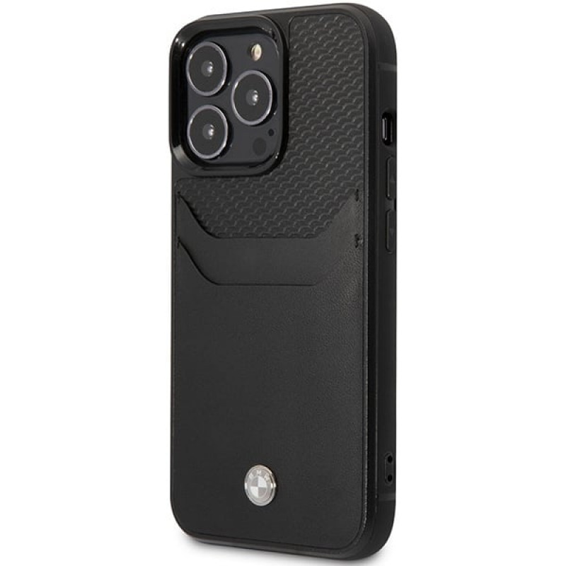 BMW BMHCP14X22RSEPK Hülle für iPhone 14 Pro Max, schwarz, Leather Card Slot