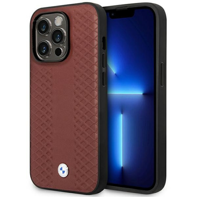 BMW BMHMP14X22RFGR Leather Diamond Pattern MagSafe Hülle für Apple iPhone 14 Pro Max 6,7″, burgunderrot