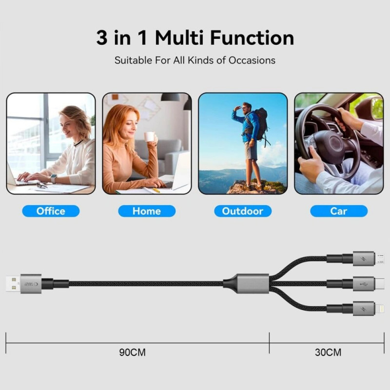 Tech-Protect UltraBoost DNA 3-in-1-Kabel USB-A auf Lightning / USB-C / Micro-USB, 3 A, 120 cm, eisengrau