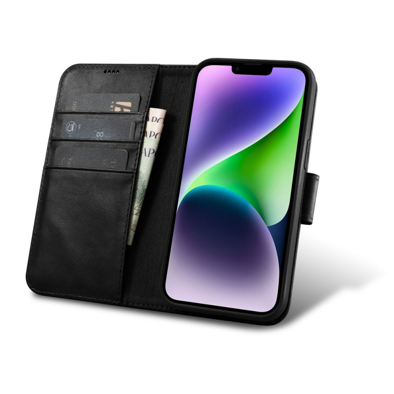 iCarer Oil Wax Wallet Case 2in1 Leder-Klapphülle für iPhone 14 Plus, Anti-RFID, schwarz (WMI14220723-BK)