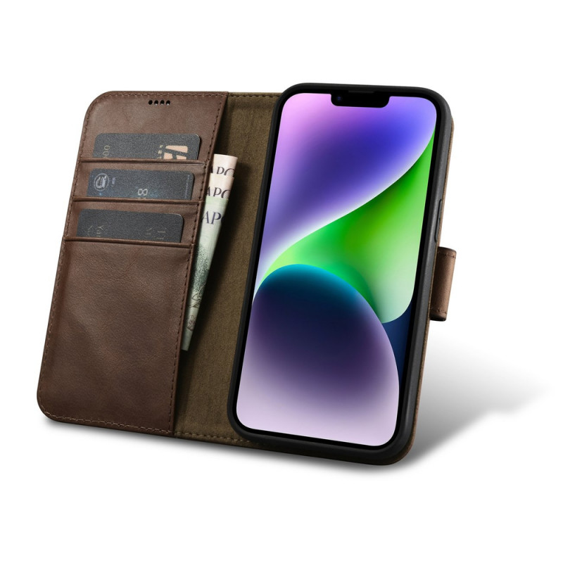 iCarer Oil Wax Wallet Case 2in1 Leder-Klapphülle für iPhone 14 Plus, Anti-RFID, braun (WMI14220723-BN)