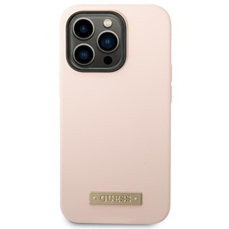 Guess Silikon-Hülle mit Metall-Logo, MagSafe-kompatibel, für Apple iPhone 14 Pro, Pink
