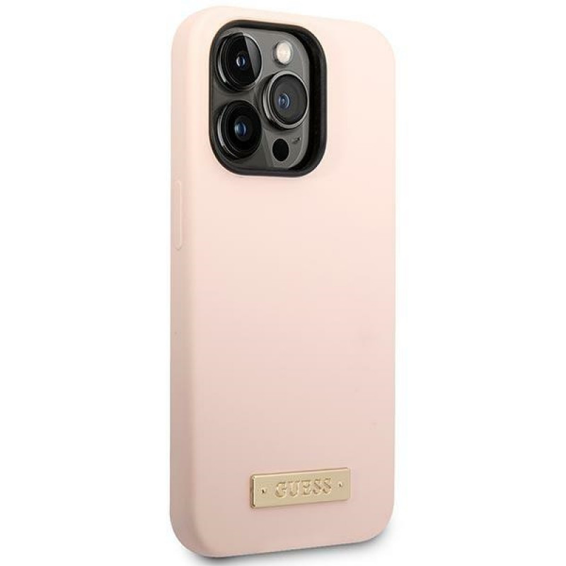 Guess Silikon-Hülle mit Metall-Logo, MagSafe-kompatibel, für Apple iPhone 14 Pro, Pink