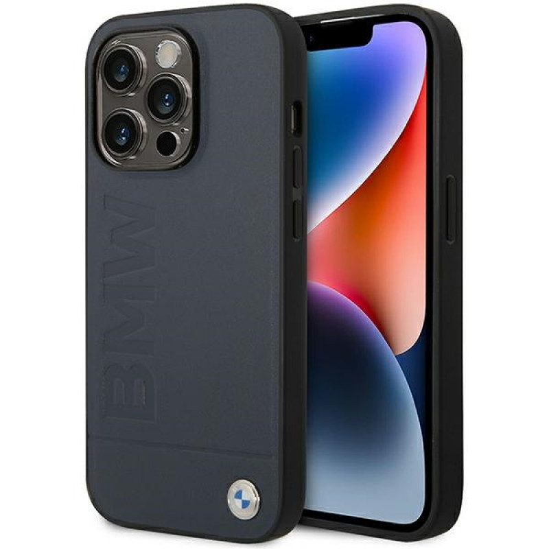 BMW BMHMP14XSLLNA Apple iPhone 14 Pro Max Hardcase Hülle, Leather Hot Stamp MagSafe, marineblau
