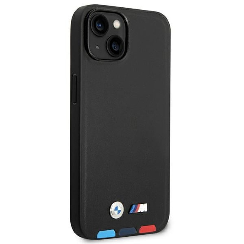 BMW BMHMP14S22PTDK Apple iPhone 14 Hülle, Leather Stamp Tricolor MagSafe, schwarz