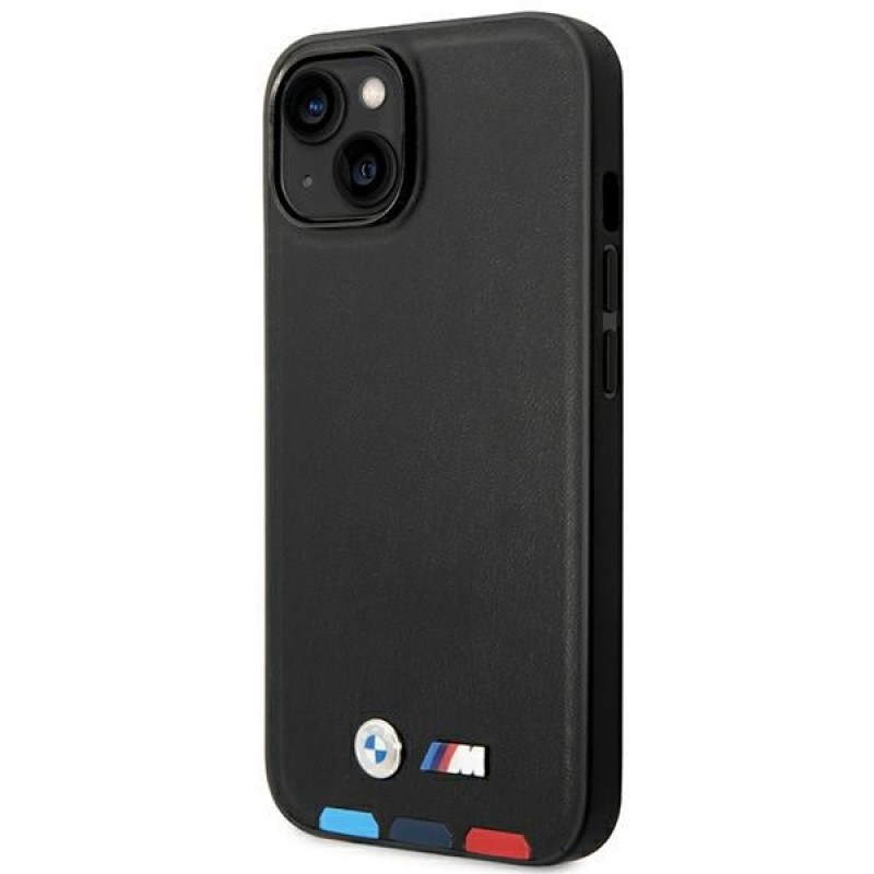 BMW BMHMP14M22PTDK Apple iPhone 14 Plus / 15 Plus Hülle, Leather Stamp Tricolor MagSafe, schwarz