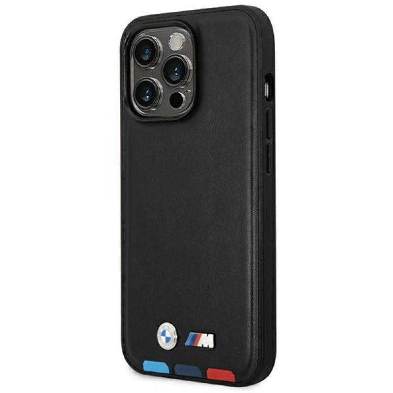 BMW BMHMP14L22PTDK Apple iPhone 14 Pro Hülle, Leather Stamp Tricolor MagSafe, schwarz