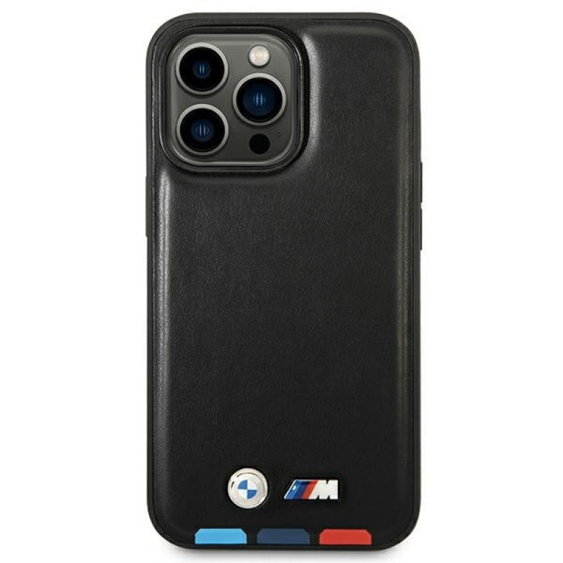 BMW BMHMP14L22PTDK Apple iPhone 14 Pro Hülle, Leather Stamp Tricolor MagSafe, schwarz