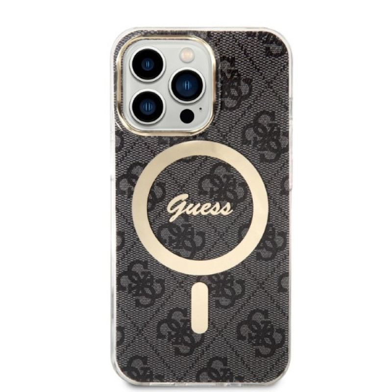 Guess GUBPP13LH4EACSK Hülle + kabelloses Ladegerät Set für Apple iPhone 13 Pro, schwarze Hardcase 4G Print MagSafe