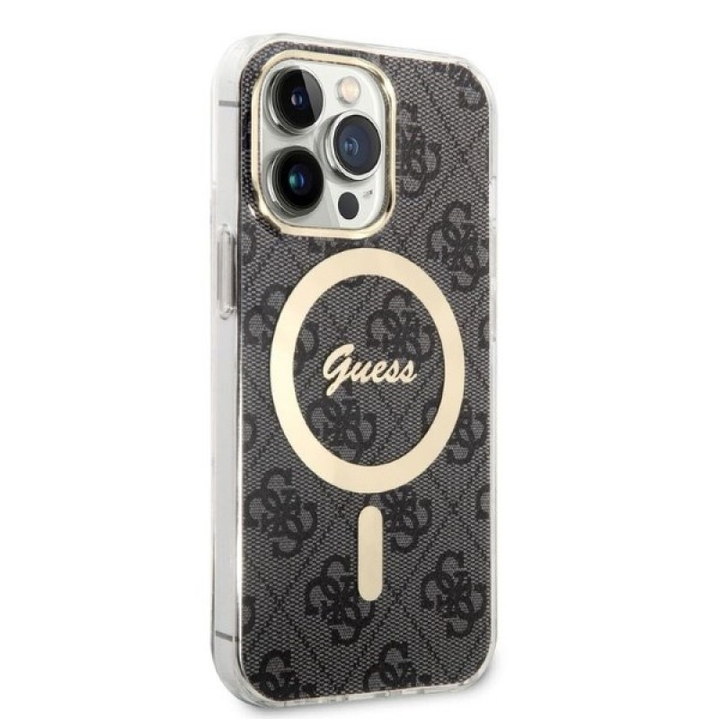 Guess GUBPP13LH4EACSK Hülle + kabelloses Ladegerät Set für Apple iPhone 13 Pro, schwarze Hardcase 4G Print MagSafe