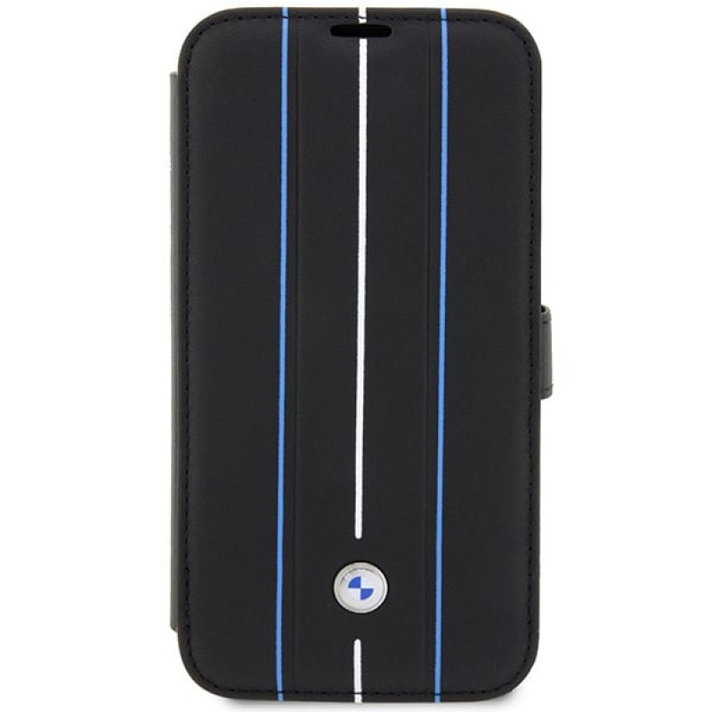 BMW BMBKP14L22RVSK Leather Stamp Blue Lines Bookcase für Apple iPhone 14 Pro 6,1", schwarz