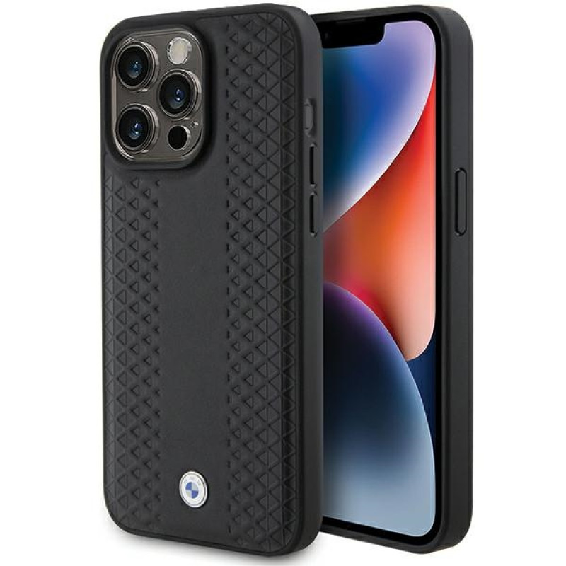 BMW BMHCP15X22RFGK Leder Diamond Pattern Hülle für Apple iPhone 15 Pro Max, schwarz