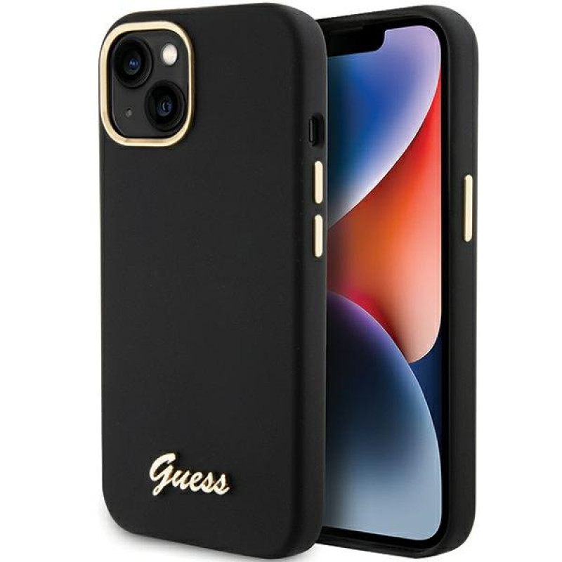 Guess GUHCP15SSMBSLK Silicone Script Metal Logo & Frame Hardcase für Apple iPhone 15 / 14 / 13, schwarz