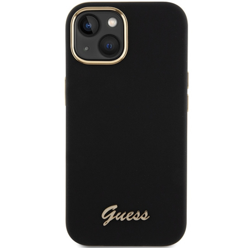 Guess GUHCP15SSMBSLK Silicone Script Metal Logo & Frame Hardcase für Apple iPhone 15 / 14 / 13, schwarz