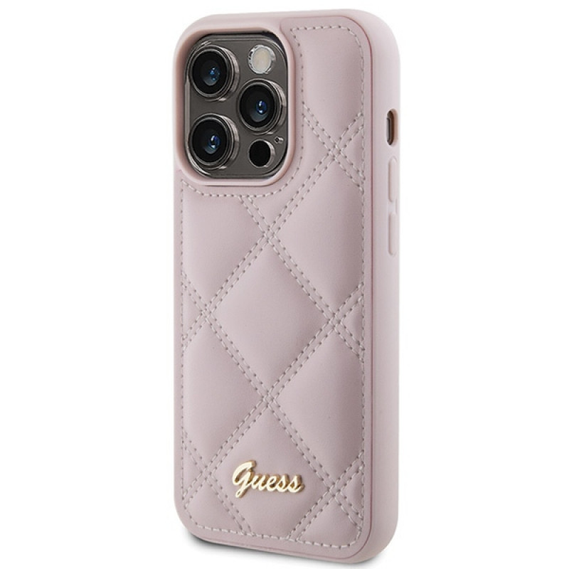 Guess GUHCP15LPSQSQSP Quilted Metal Logo Hardcase für Apple iPhone 15 Pro, pink