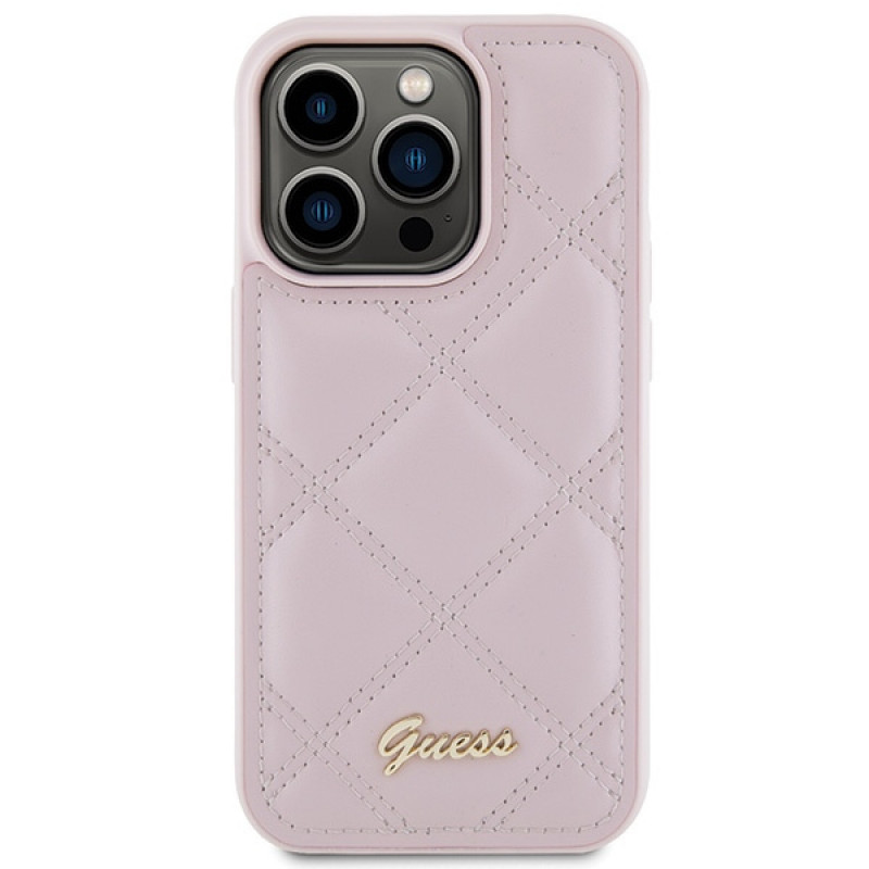 Guess GUHCP15LPSQSQSP Quilted Metal Logo Hardcase für Apple iPhone 15 Pro, pink
