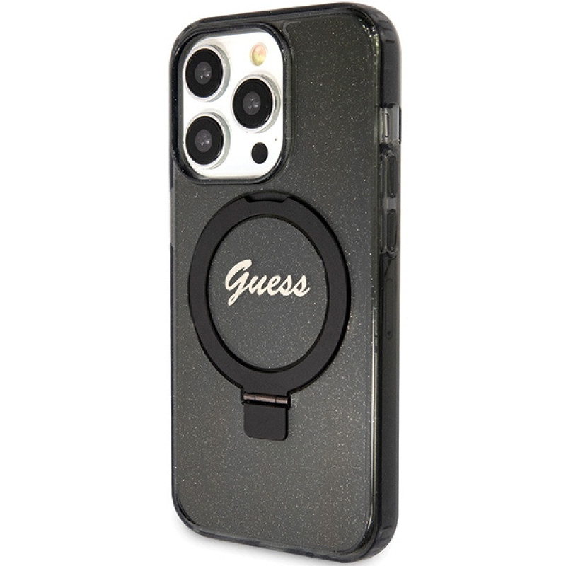 Guess GUHMP15LHRSGSK Ring Stand Script Glitter MagSafe Hardcase für Apple iPhone 15 Pro, Schwarz