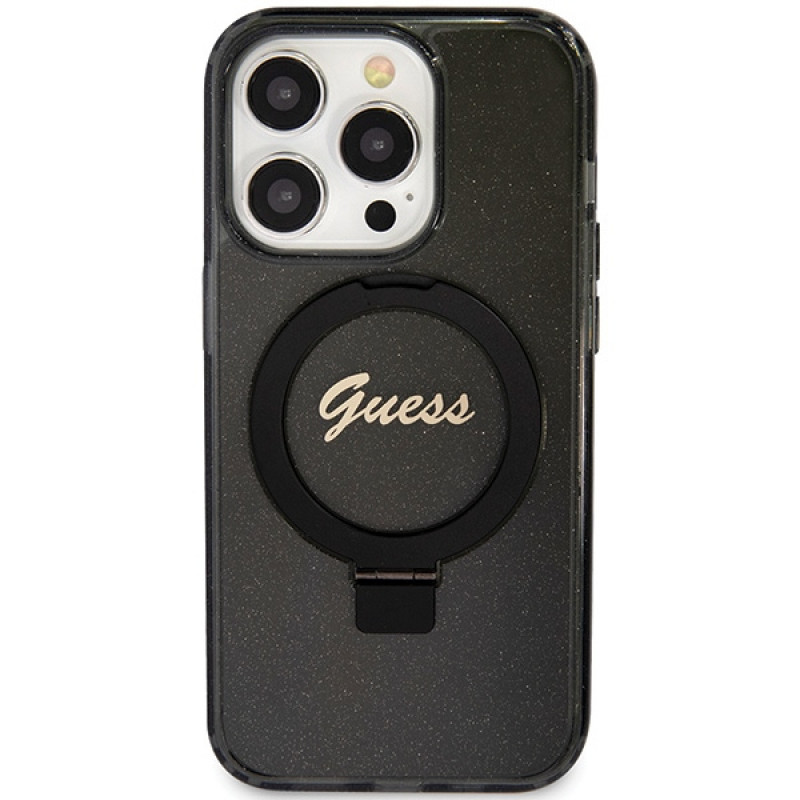 Guess GUHMP15LHRSGSK Ring Stand Script Glitter MagSafe Hardcase für Apple iPhone 15 Pro, Schwarz